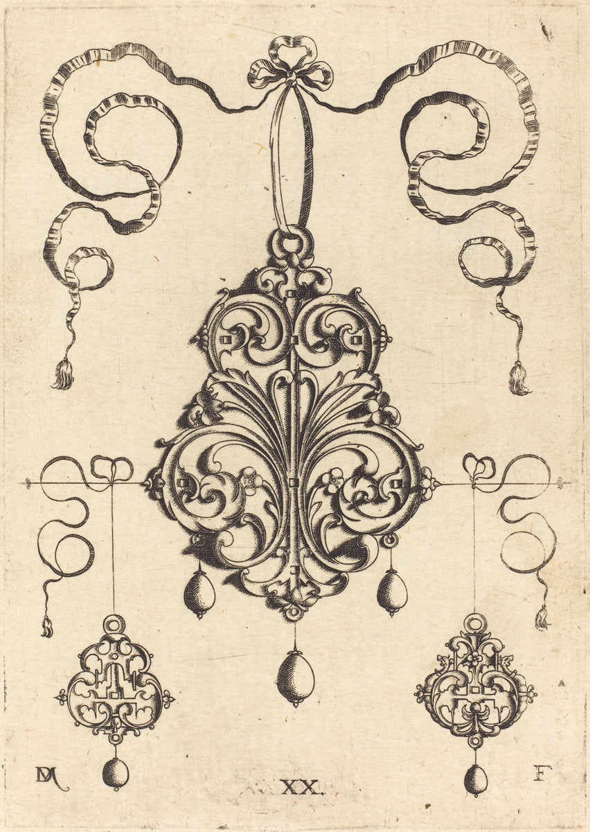 One Large and Two Smaller Strapwork Pendants by Daniel Mignot (German, active 1593/1596), 16X12"(A3)Poster Print