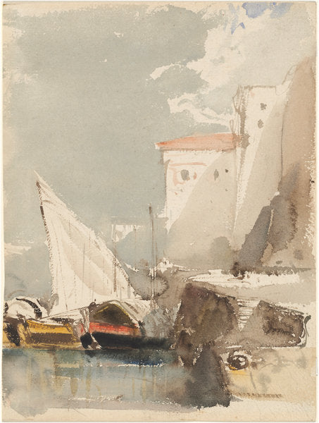 Sailboats in a Sunlit Harbor (recto) by Eugène Isabey (French, 1803 - 1886), 16X12"(A3)Poster Print