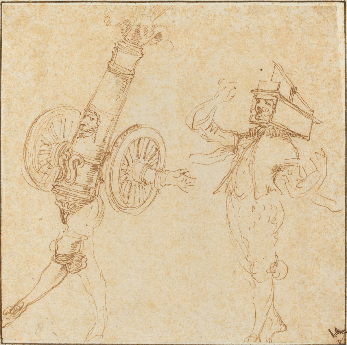 Two Men in Masquerade Costumes: A Cannon Firing and a Cat Inside a Mousetrap by Stefano Della Bella (Florentine, 1610 - 1664), 16X12"(A3)Poster Print