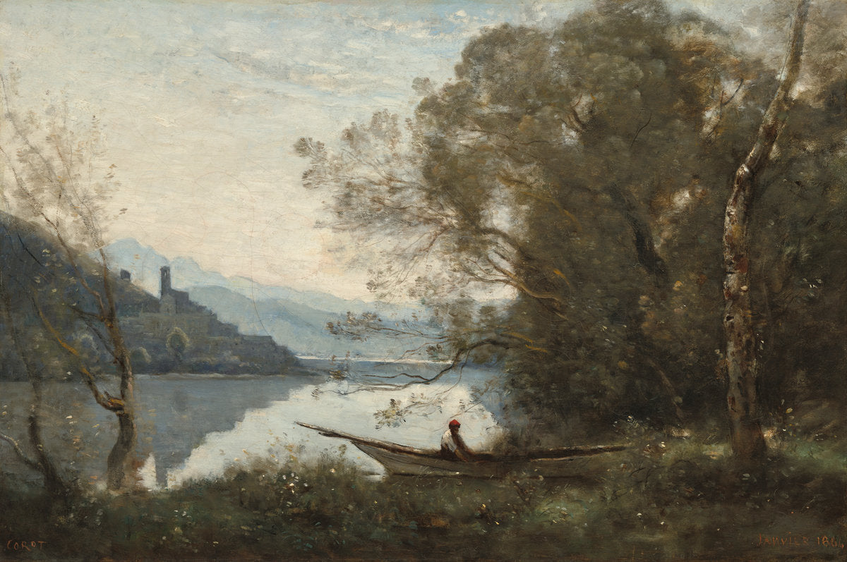 The Moored Boatman: Souvenir of an Italian Lake by Jean-Baptiste-Camille Corot (French, 1796 - 1875), 16X12"(A3)Poster Print