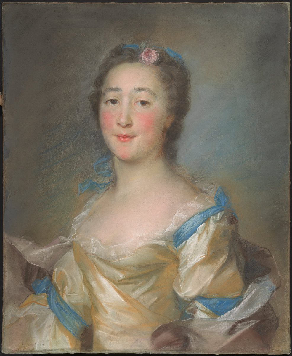 A Young Lady in a Yellow Gown with Blue Ribbons by Jean-Baptiste Perronneau (French, 1715 - 1783), 16X12"(A3)Poster Print
