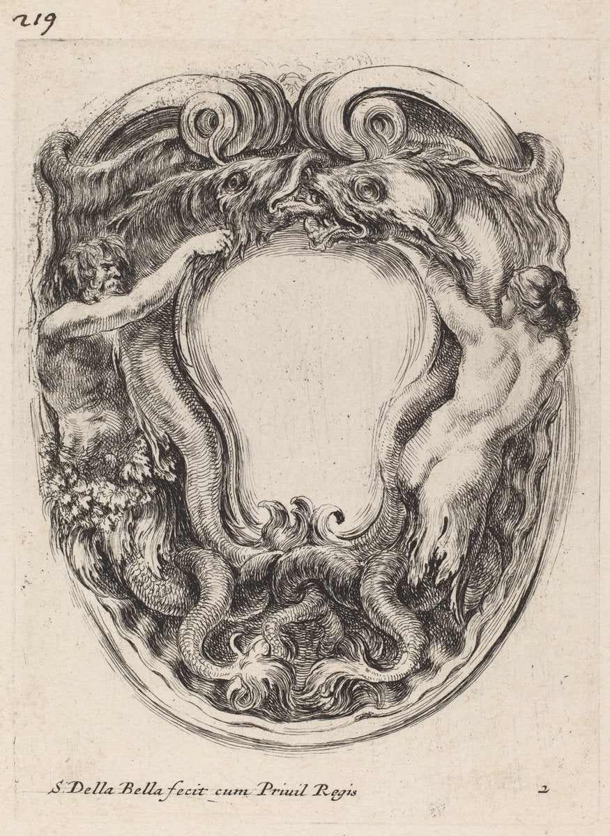 Cartouche Supported by Triton and Siren by Stefano Della Bella (Italian, 1610 - 1664), 16X12"(A3)Poster Print