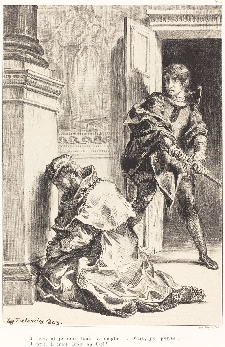 Hamlet is Tempted to Kill the King (Act III, Scene III) by Eugène Delacroix (French, 1798 - 1863), 16X12"(A3)Poster Print