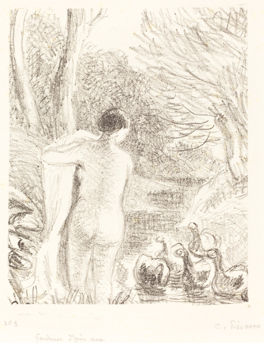 Gardeuse d'oies nue (Nude Goose Girl) by Camille Pissarro (French, 1830 - 1903), 16X12"(A3)Poster Print