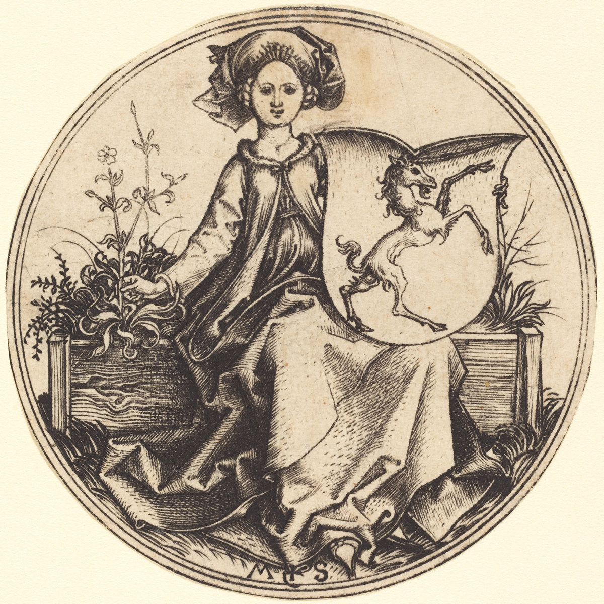Shield with Unicorn, Held by Woman by Martin Schongauer (German, c. 1450 - 1491), 16X12"(A3)Poster Print
