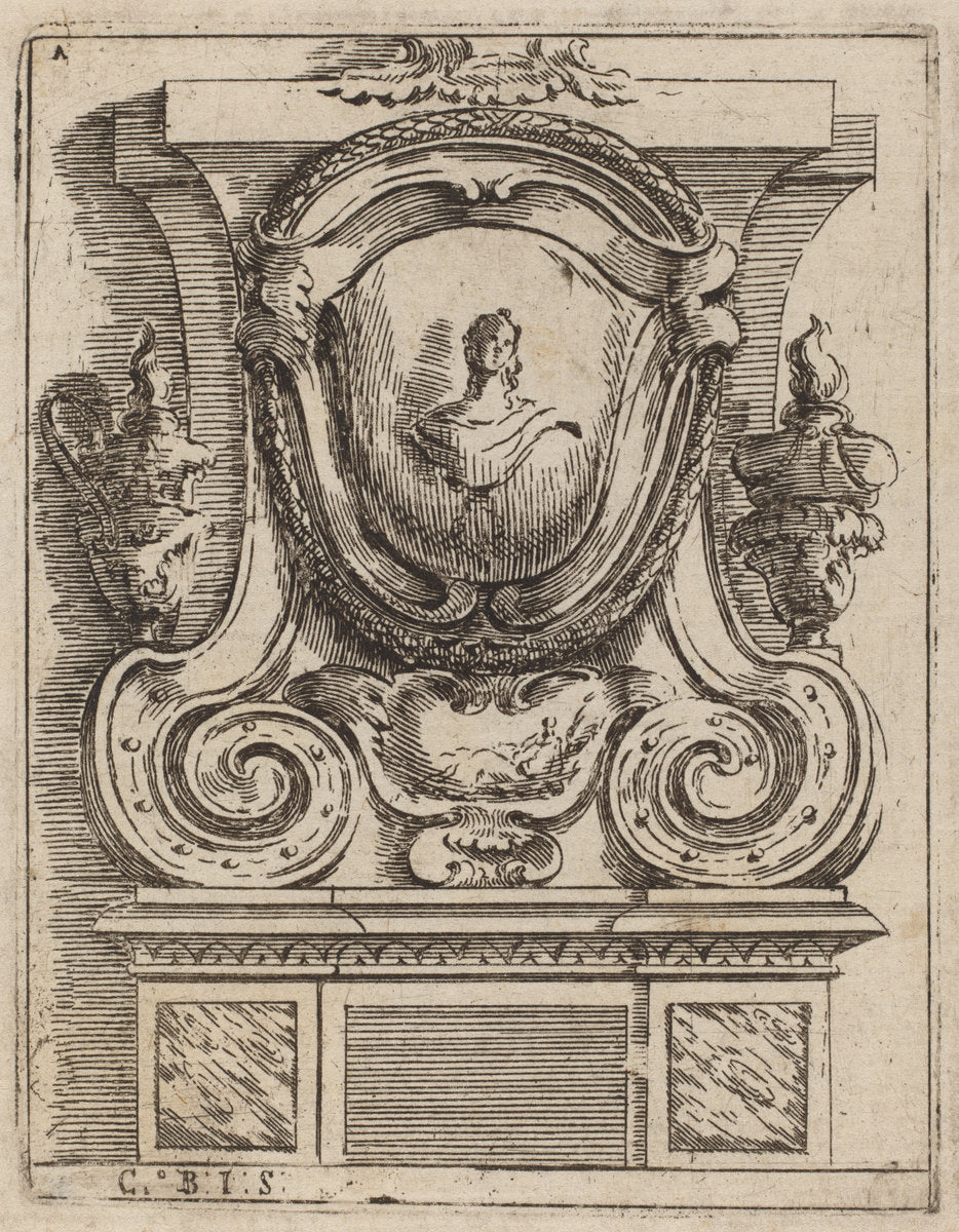 Architectural Motif with Bust and Two Lamps by Carlo Antonio Buffagnotti (Italian, c. 1660 - after 1710), 16X12"(A3)Poster Print
