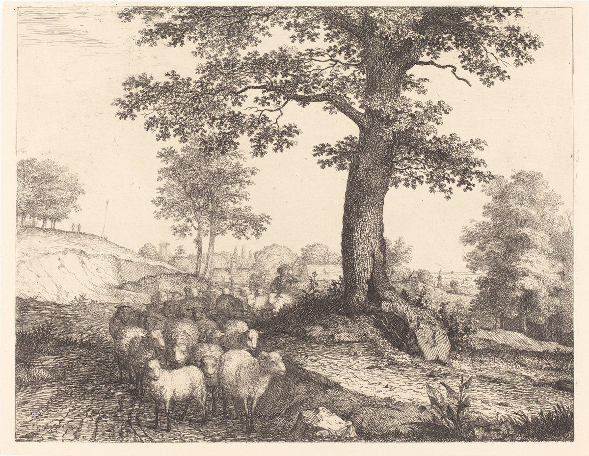 Shepherd and Flock under an Ancient Tree by Florian Grospietsch (German, 1789 - 1830), 16X12"(A3)Poster Print