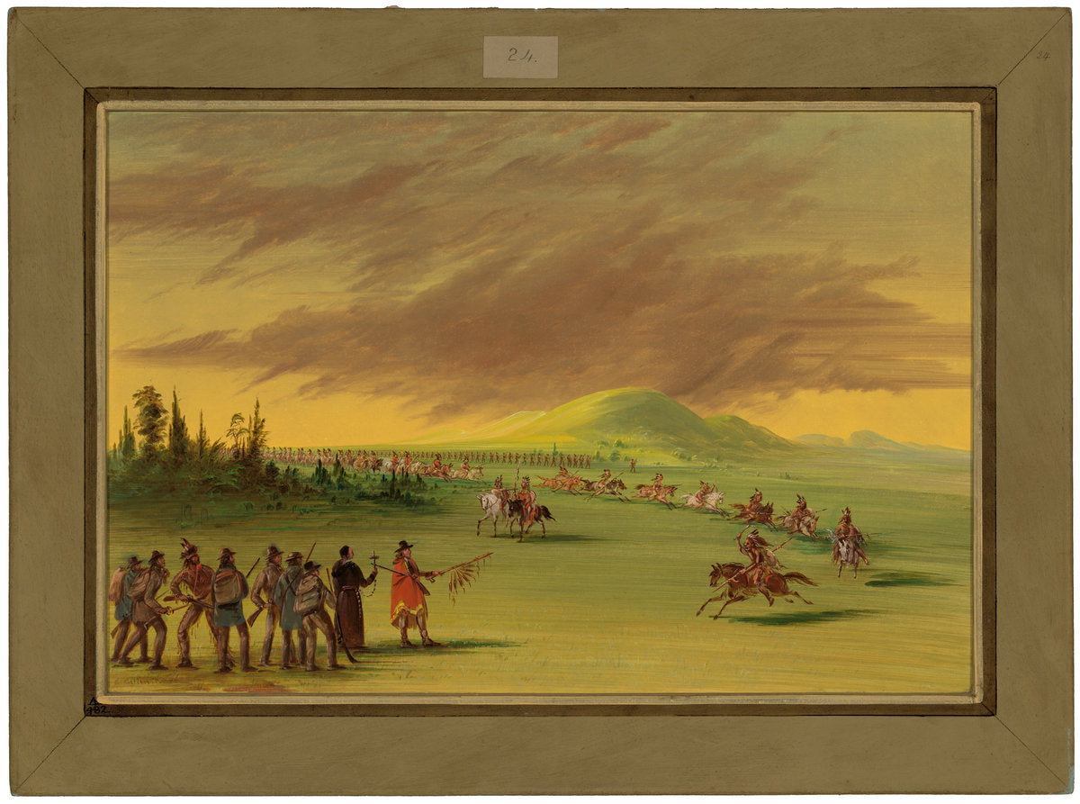 La Salle Meets a War Party of Cenis Indians on a Texas Prairie. April 25, 1686 by George Catlin (American, 1796 - 1872), 16X12"(A3)Poster Print