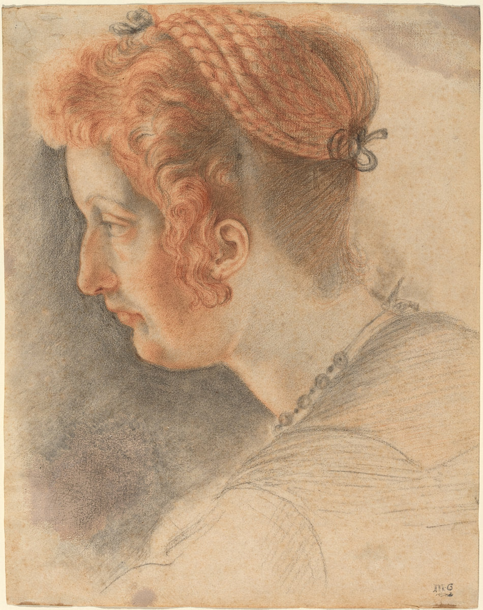 black and red chalk with wash on laid paper by Italian 16th Century (Head of a Woman), 16X12"(A3)Poster Print