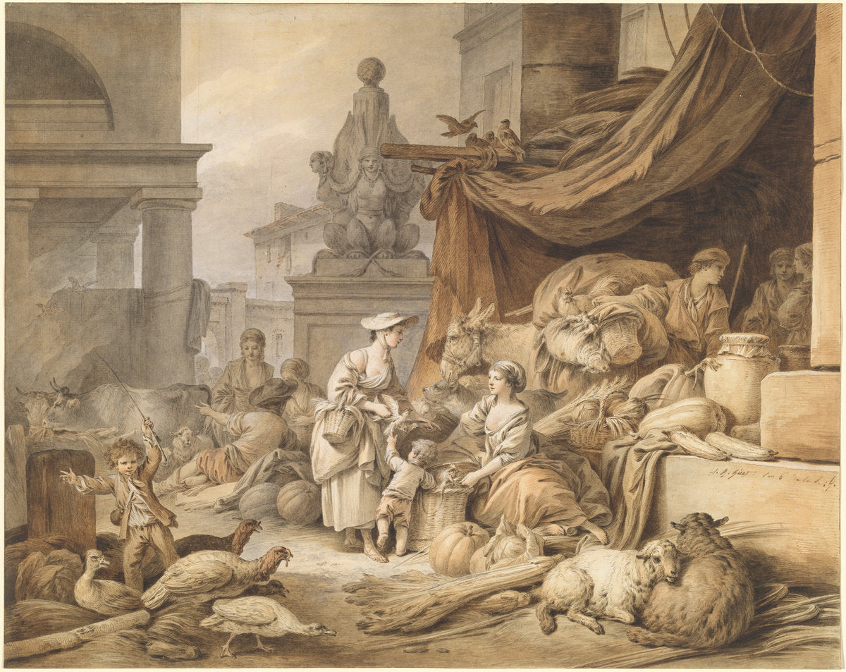 Market Scene with a Fantastic Sculpture by Jean-Baptiste Hüet, I (French, 1745 - 1811), 16X12"(A3)Poster Print