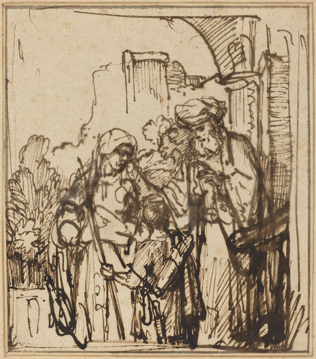 c. 1640/1642 by Follower of Rembrandt van Rijn (The Dismissal of Hagar), 16X12"(A3)Poster Print
