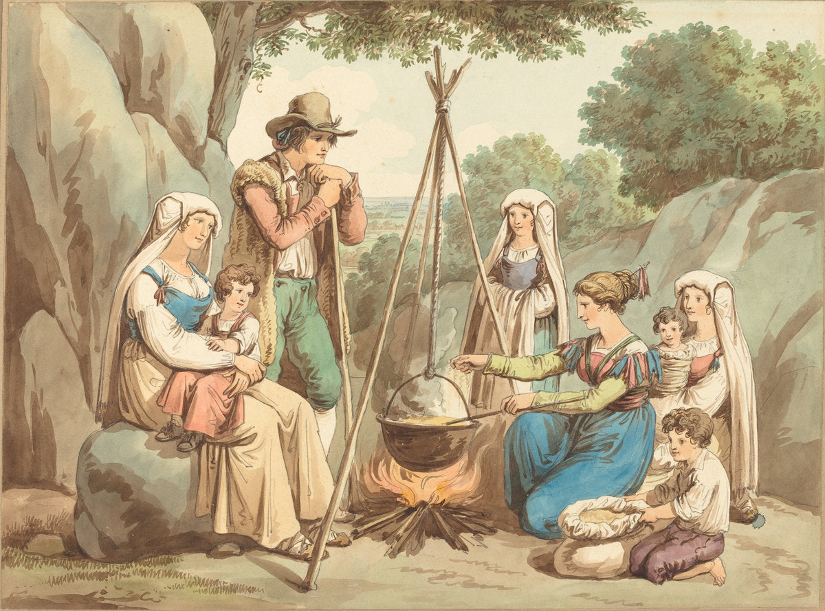 A Peasant Family Cooking over a Campfire by Bartolomeo Pinelli (Italian, 1781 - 1835), 16X12"(A3)Poster Print