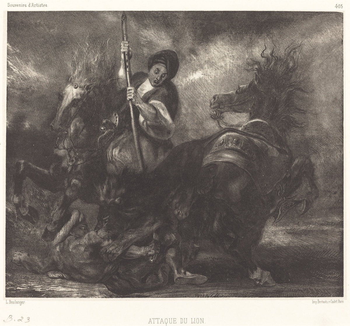 Attaque du lion by Louis-Candide Boulanger (French, 1806 - 1867), 16X12"(A3)Poster Print