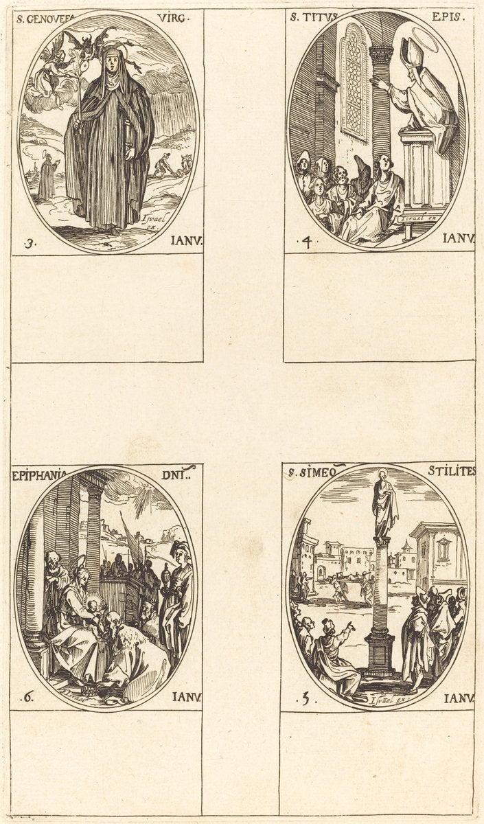 St. Genevieve; St. Titus; St. Simeon Stylites; Epiphany by Jacques Callot (French, 1592 - 1635), 16X12"(A3)Poster Print