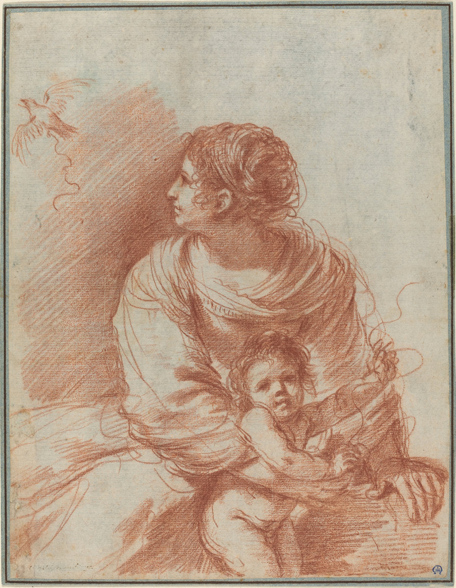 The Madonna and Child with an Escaped Goldfinch by Giovanni Francesco Barbieri, called Guercino (Bolognese, 1591 - 1666), 16X12"(A3)Poster Print