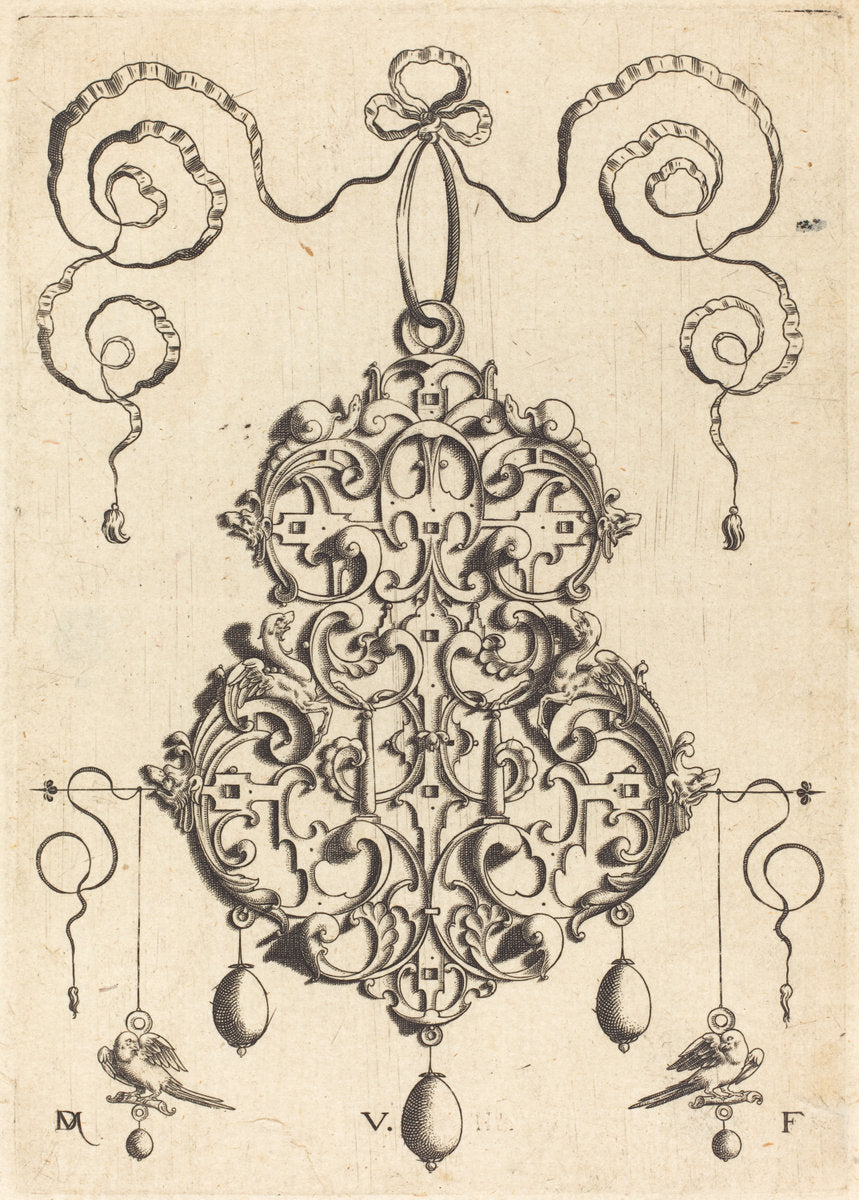 Strapwork Pendant with Two Birds as Earrings at Left and Right by Daniel Mignot (German, active 1593/1596), 16X12"(A3)Poster Print