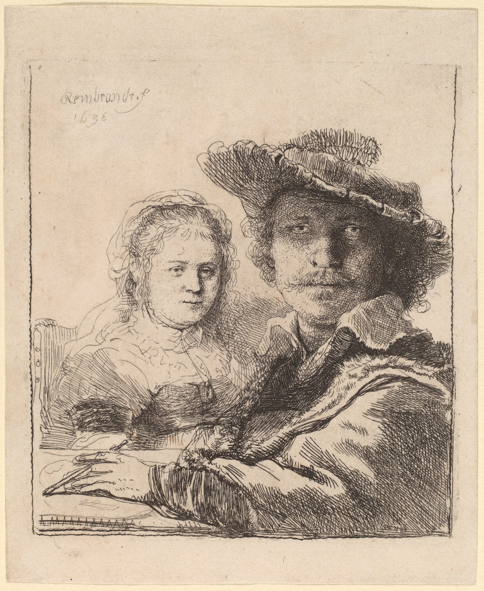 Self-Portrait with Saskia by Rembrandt van Rijn (Dutch, 1606 - 1669), 16X12"(A3)Poster Print