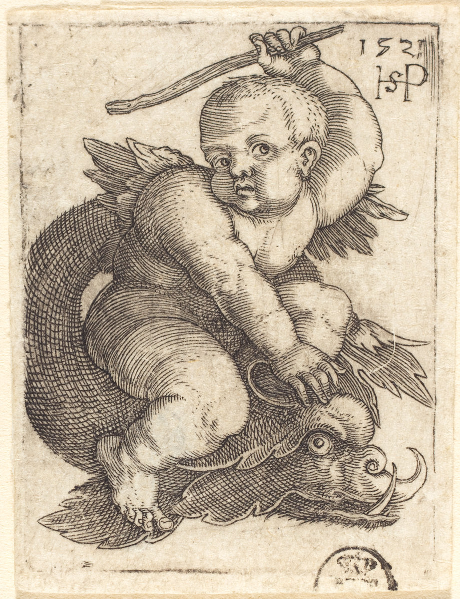 Genius on a Dolphin, Riding Towards the Right by Sebald Beham (German, 1500 - 1550), 16X12"(A3)Poster Print