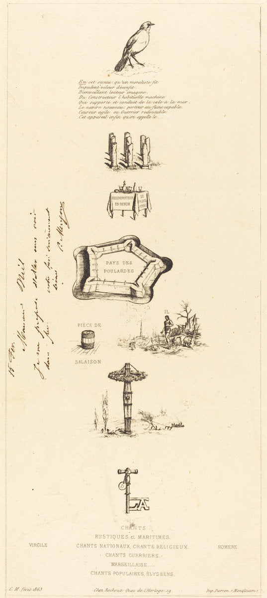 Rébus: "Béranger ne fut véritablement fort, car il n'eut jamais la clef des champs" (Rebus: "Beranger was not really strong, for he never had the key of the fields") by Charles Meryon (French, 1821 - 1868), 16X12"(A3)Poster Print