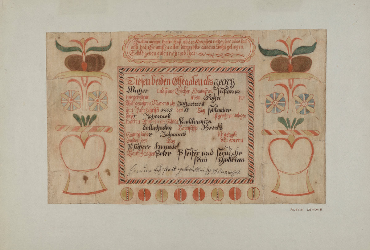 Birth Certificate (taufschein) by Albert Levone (American, active c. 1935), 16X12"(A3)Poster Print