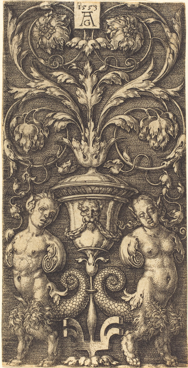 Ornament with Vase and Two Female Figures by Heinrich Aldegrever (German, 1502 - 1555/1561), 16X12"(A3)Poster Print