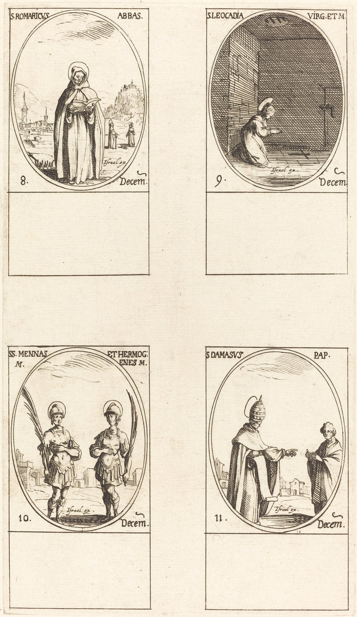 St. Romaricus; St. Leocadia; Sts. Mennas and Hermogenes; St. Damasus by Jacques Callot (French, 1592 - 1635), 16X12"(A3)Poster Print