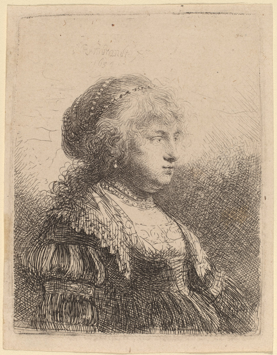 Saskia with Pearls in Her Hair by Rembrandt van Rijn (Dutch, 1606 - 1669), 16X12"(A3)Poster Print