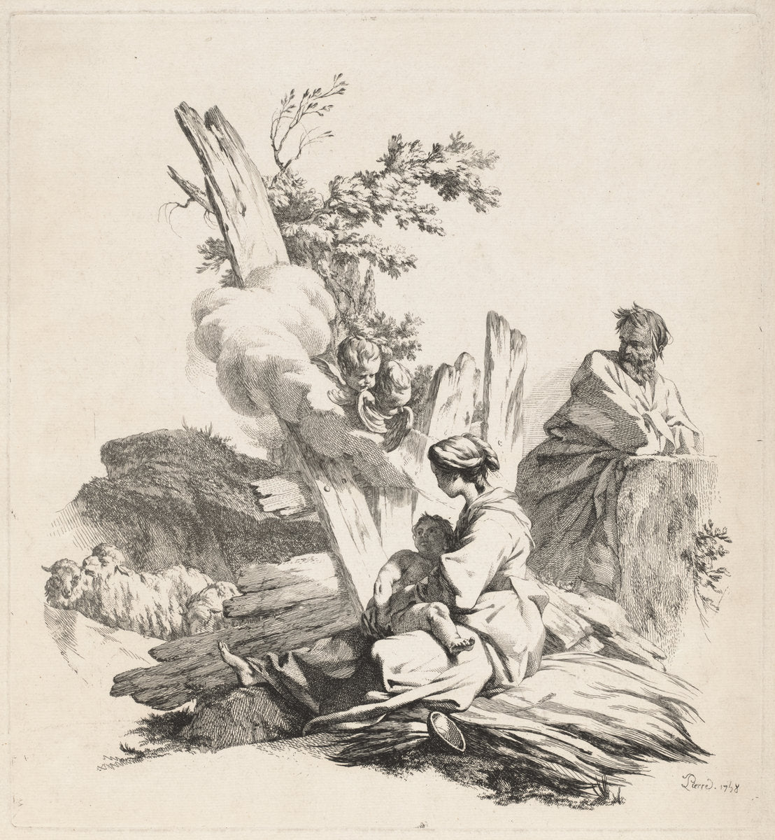Rest on the Flight into Egypt by Jean-Baptiste-Marie Pierre (French, 1713 - 1789), 16X12"(A3)Poster Print
