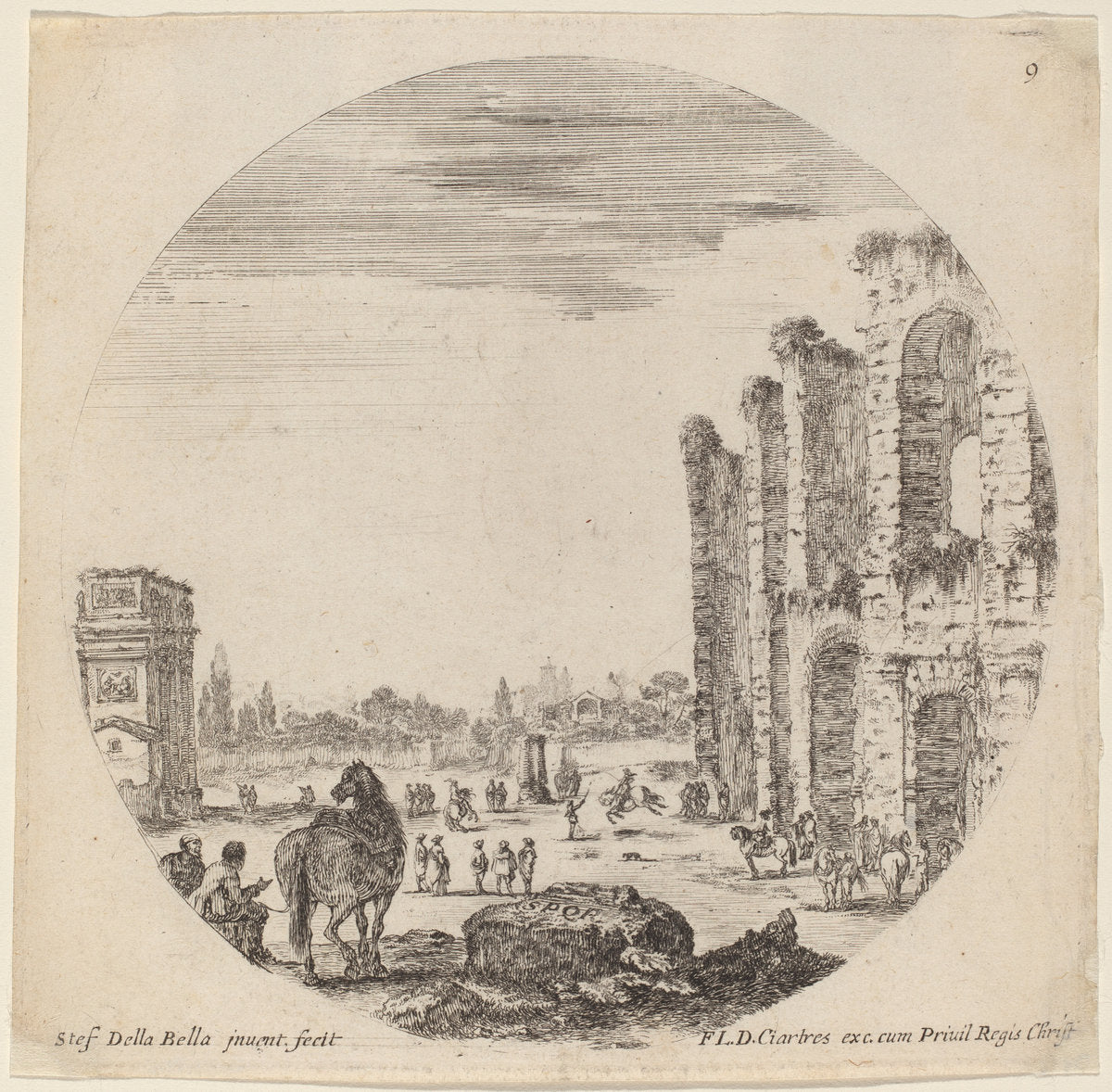 Colosseum and Arch of Constantine by Stefano Della Bella (Italian, 1610 - 1664), 16X12"(A3)Poster Print