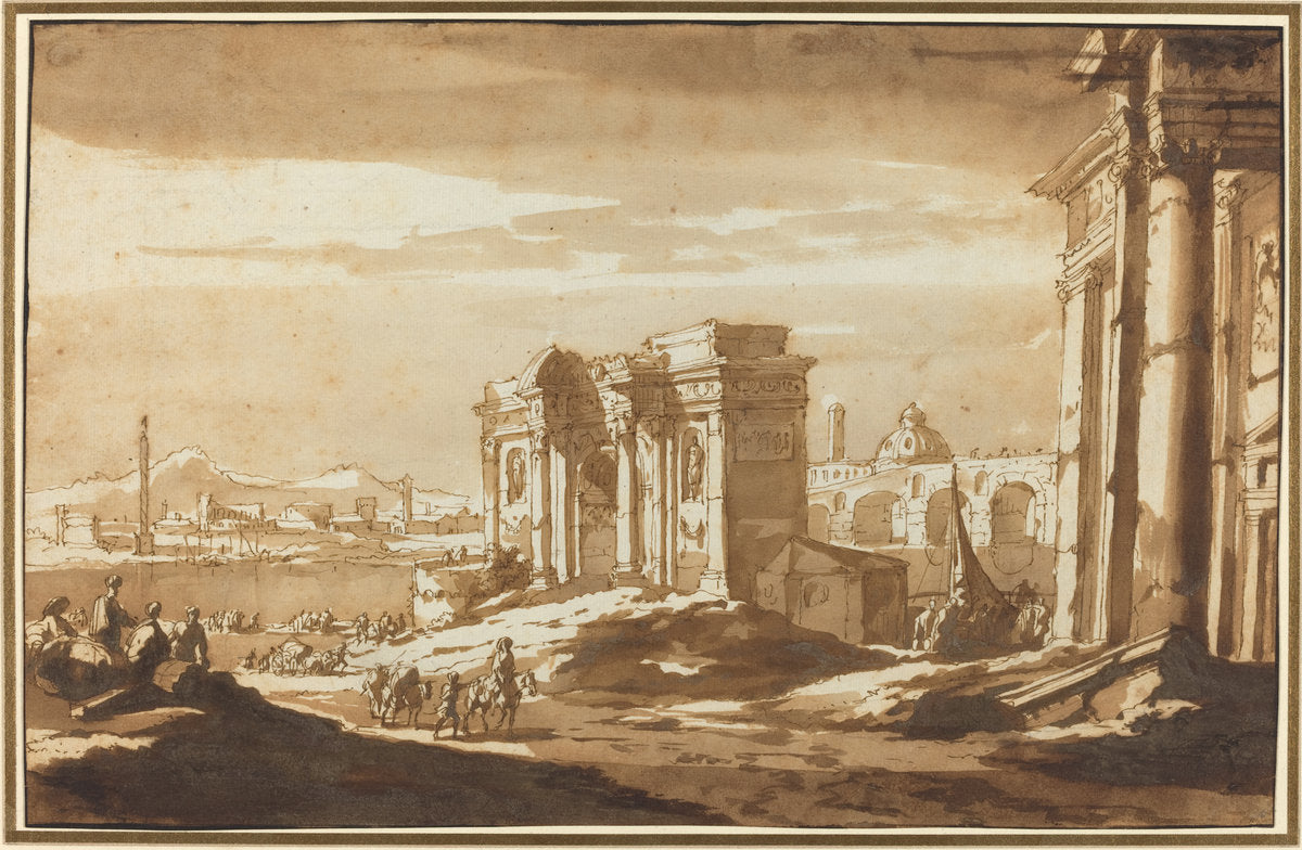 A Capriccio View of Roman Ruins along the Tiber by Jacob van der Ulft (Dutch, 1621 - 1689), 16X12"(A3)Poster Print