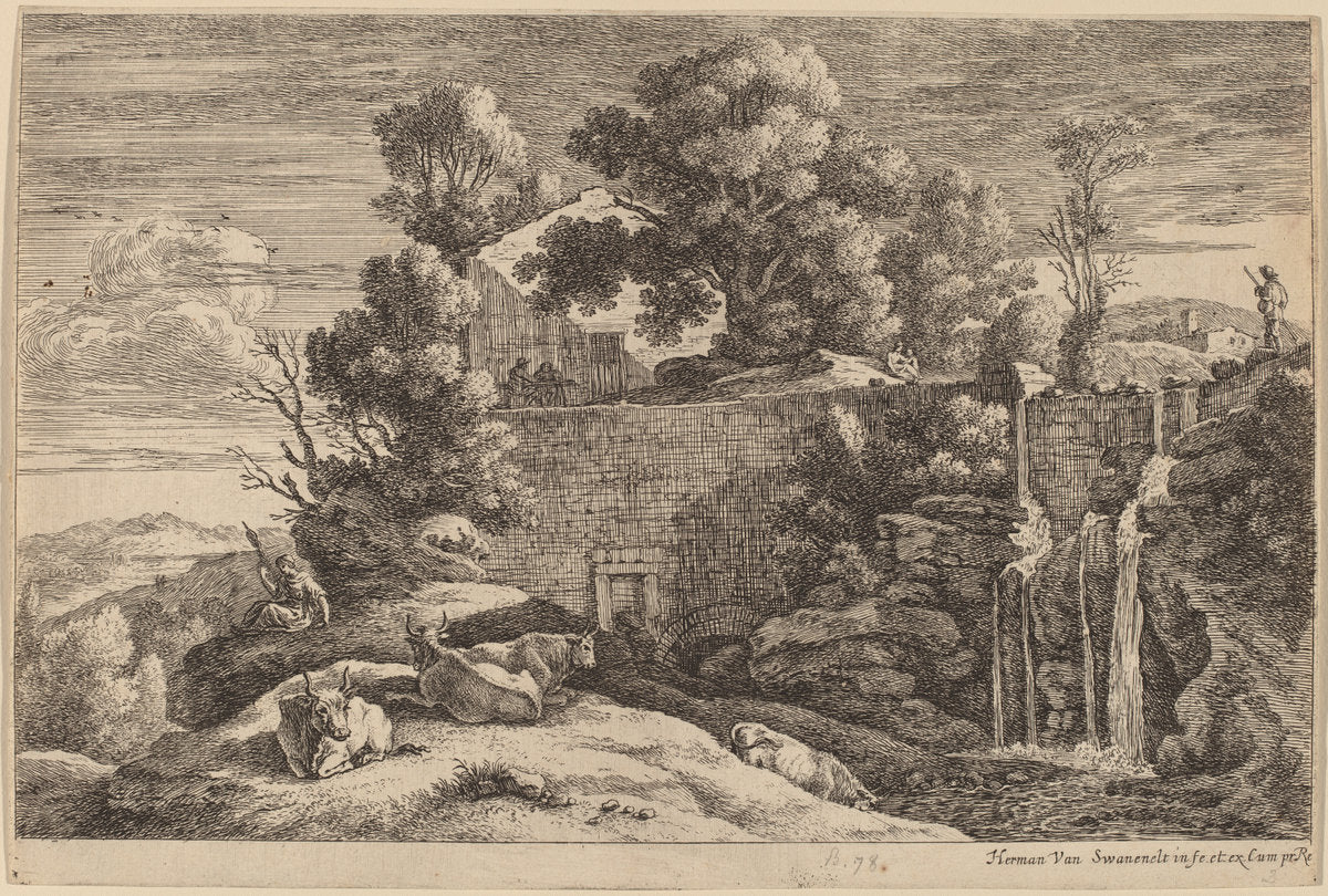 The Spinner and Four Cows by Herman van Swanevelt (Dutch, c. 1600 - 1655), 16X12"(A3)Poster Print