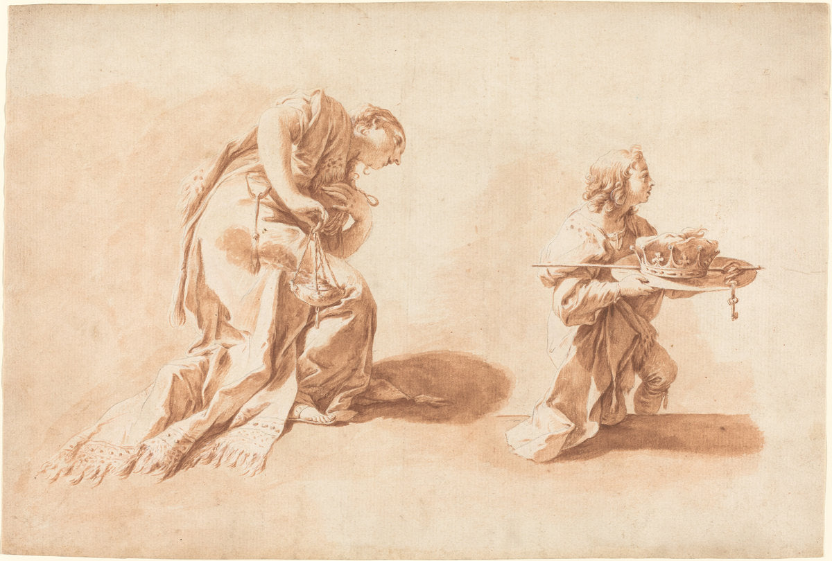 A Kneeling Woman with an Incense Burner and a Page Holding a Crown and Scepter by Anton Kern after Giovanni Battista Pittoni (Bohemian, 1709 - 1747), 16X12"(A3)Poster Print