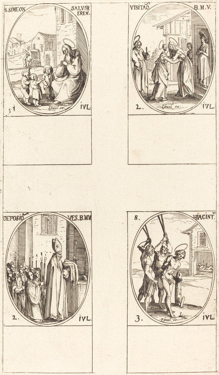 St. Simeon Salus; The Visitation; Deposition of the Virgin's Clothes; St. Hiacintus by Jacques Callot (French, 1592 - 1635), 16X12"(A3)Poster Print
