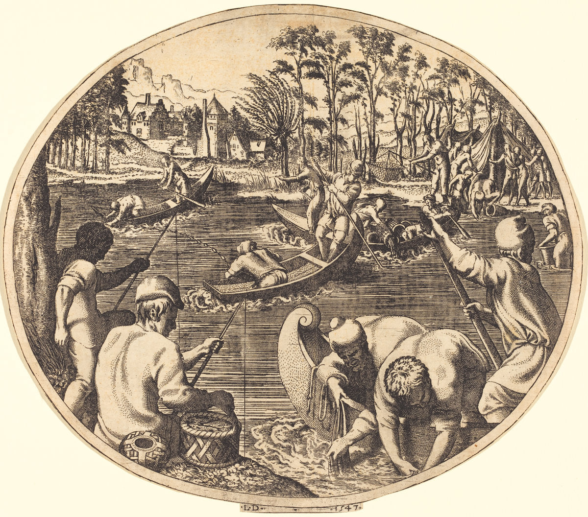 Fishing Scene by Léon Davent after Francesco Primaticcio (French (?), active 1540/1556), 16X12"(A3)Poster Print