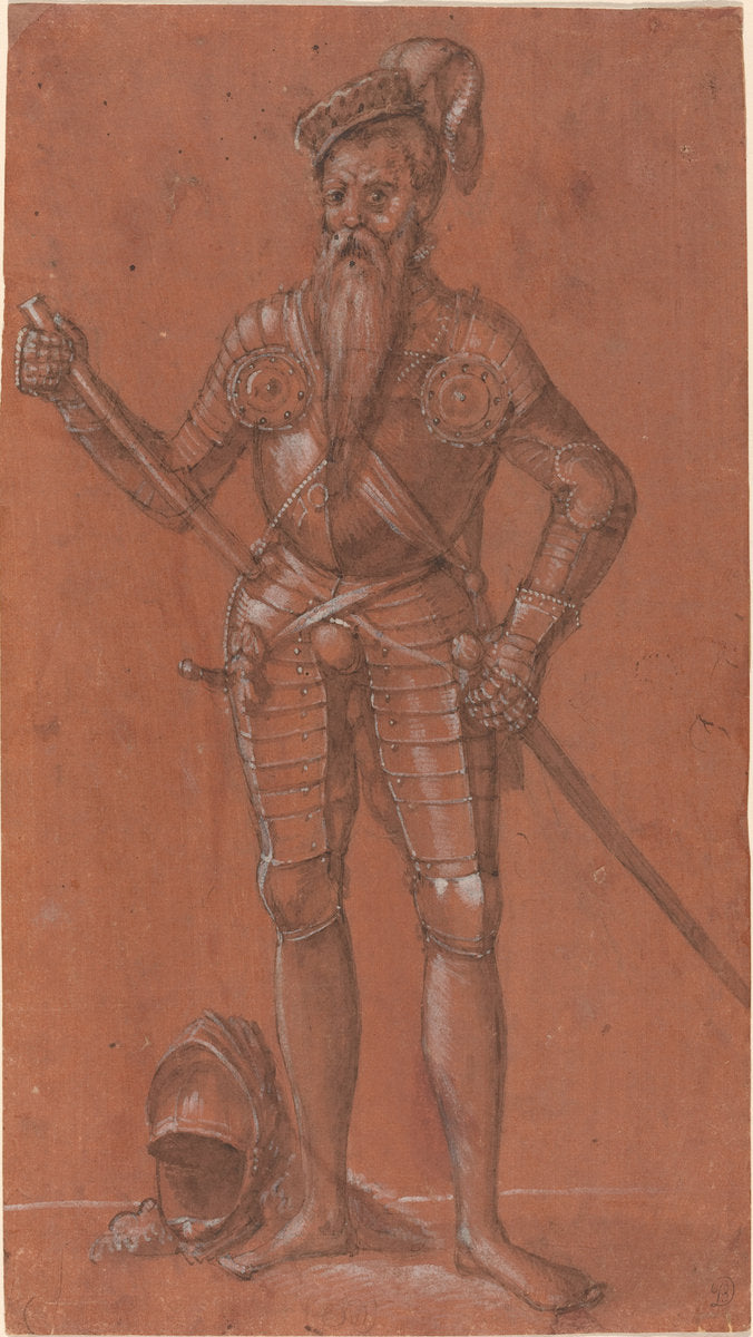 black chalk, pen and black ink, and gray wash heightened with white on red-orange prepared laid paper by Swiss 16th Century (A Man in Armor), 16X12"(A3)Poster Print