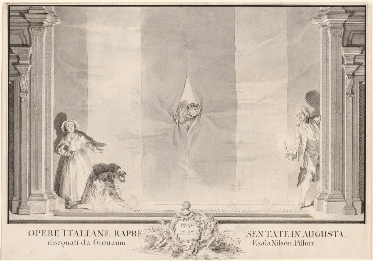 Two Actors Peeking through a Theater Curtain while Others Prepare the Footlights by Johann Esaias Nilson (German, 1721 - 1788), 16X12"(A3)Poster Print