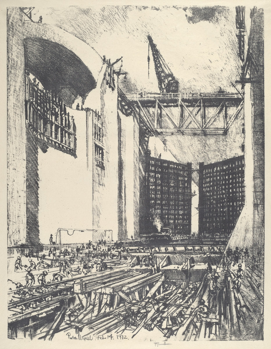 Laying the Floor of Pedro Muguel Lock by Joseph Pennell (American, 1857 - 1926), 16X12"(A3)Poster Print