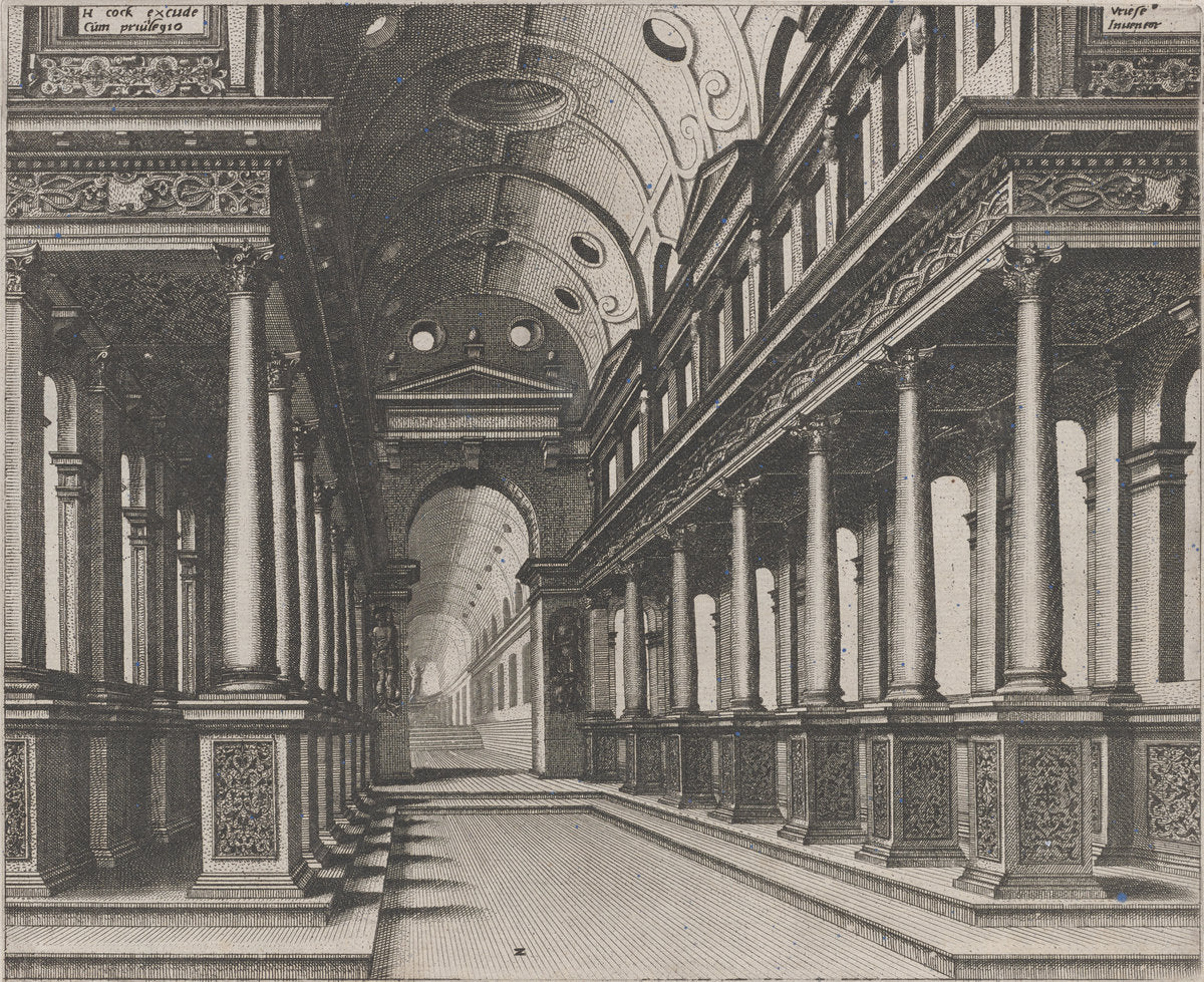 Interior of a Church with a Statue in the Far Background by Lucas van Doetechum and Johannes van Doetechum, the Elder, after Hans Vredeman de Vries (Dutch, active 1554/1572; died before 1589), 16X12"(A3)Poster Print
