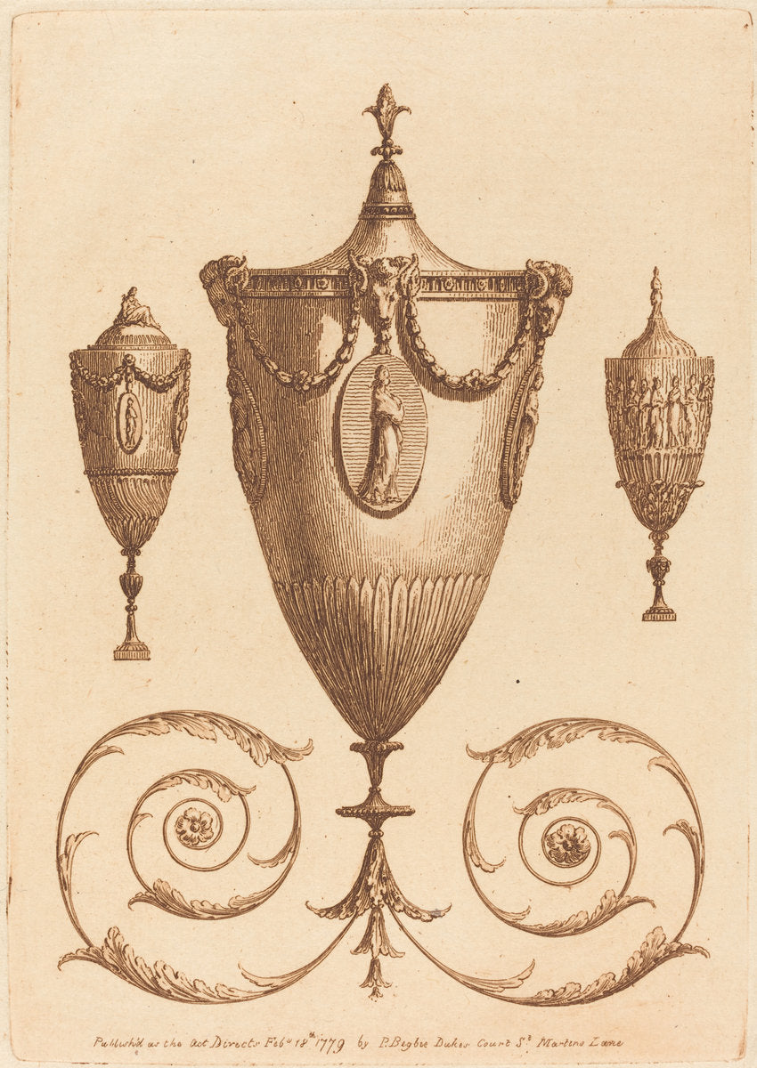 Three Classical Vases, One with Flourishes by Patrick Begbie (British, 18th century), 16X12"(A3)Poster Print