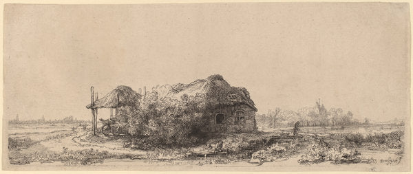 Landscape with a Cottage and Hay Barn: Oblong by Rembrandt van Rijn (Dutch, 1606 - 1669), 16X12"(A3)Poster Print