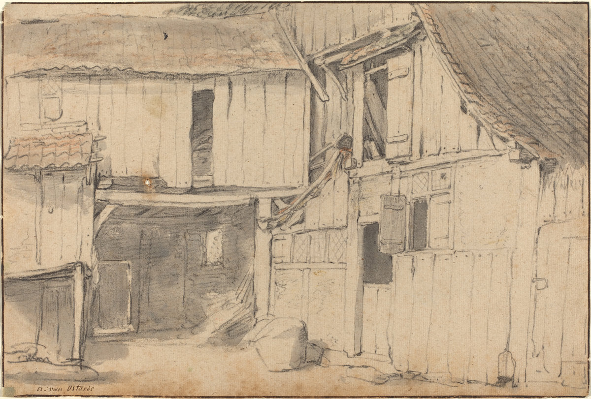 black chalk with gray wash on laid paper by after Isack van Ostade (Interior of a Courtyard), 16X12"(A3)Poster Print