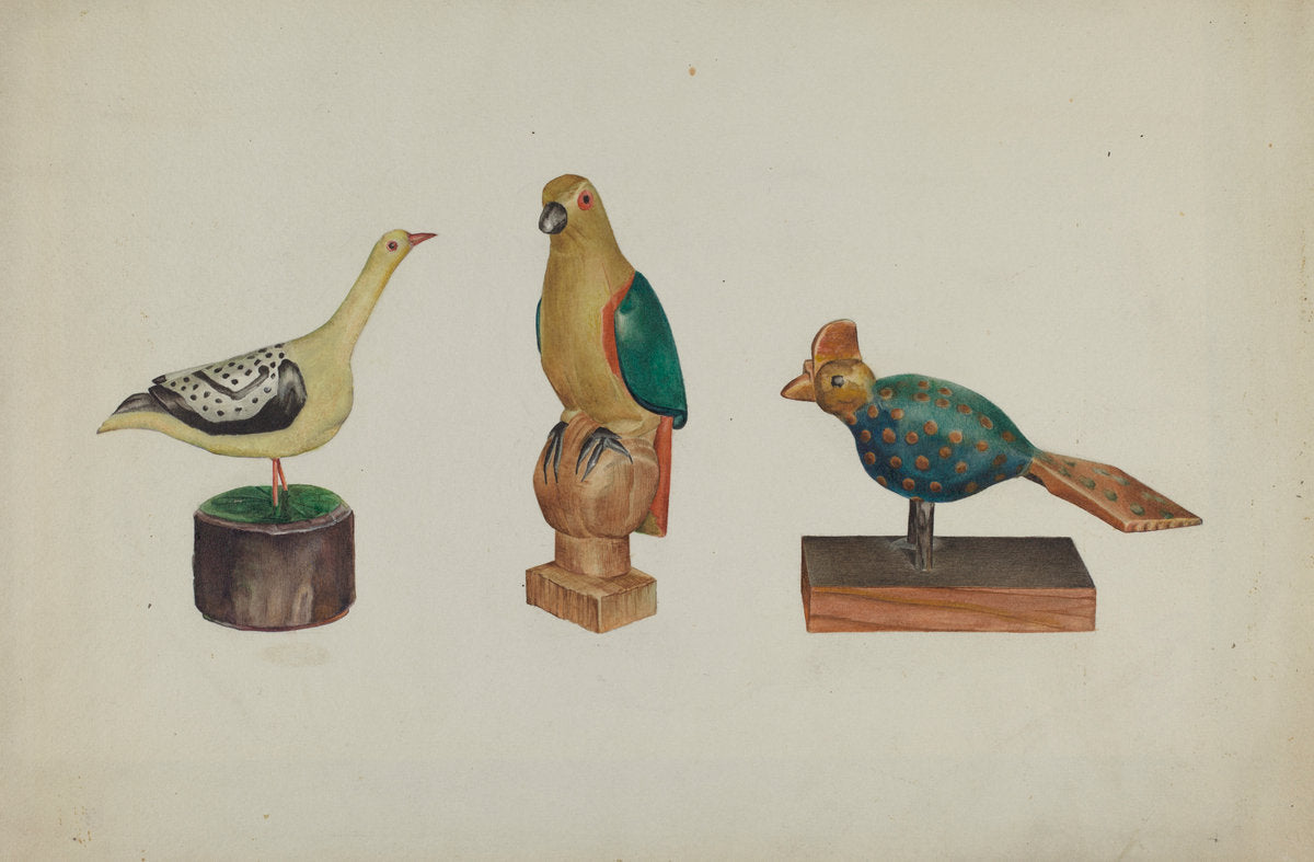 Pa. German Three Carved and Painted Birds by Victor F. Muollo (American, active c. 1935), 16X12"(A3)Poster Print