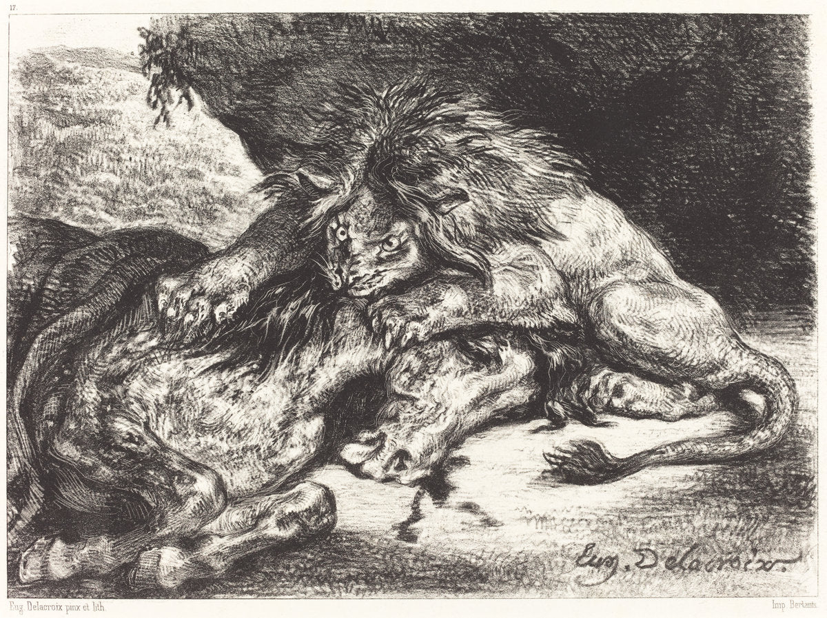 Lion Devorant un Cheval (Lion Devouring a Horse) by Eugène Delacroix (French, 1798 - 1863), 16X12"(A3)Poster Print