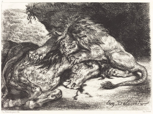 Lion Devorant un Cheval (Lion Devouring a Horse) by Eugène Delacroix (French, 1798 - 1863), 16X12"(A3)Poster Print