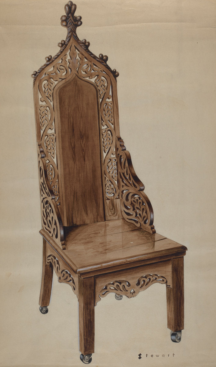 Chair with Carved Grape Leaf Decoration and Gothic Top by Robert Stewart (American, active c. 1935), 16X12"(A3)Poster Print
