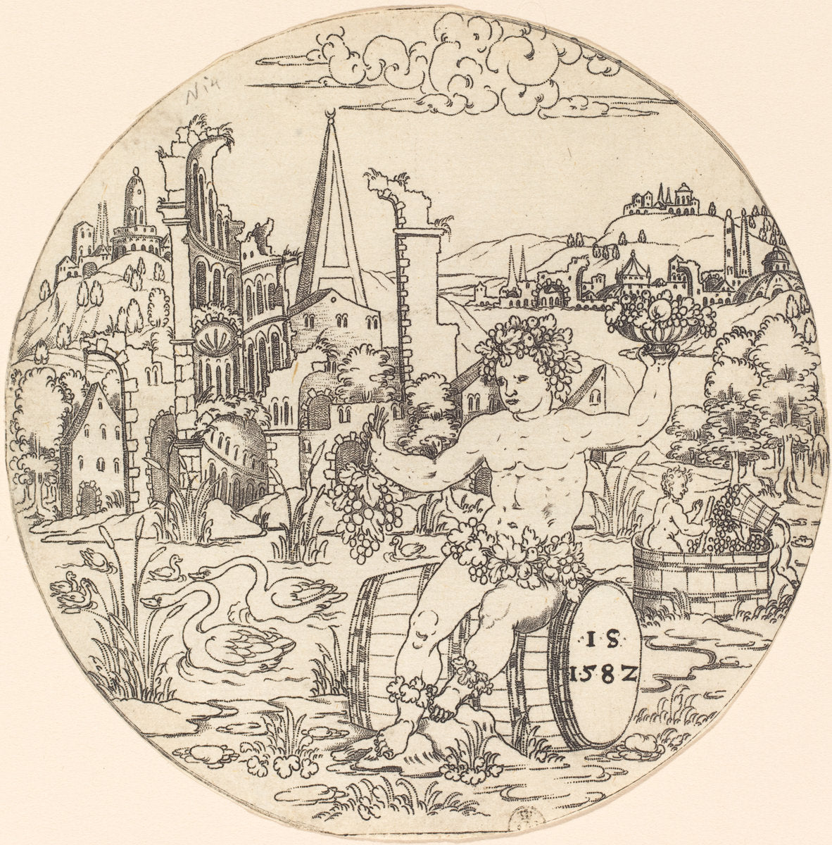 Bacchus Seated in a Landscape by Master IS. (German, active c. 1581/1590), 16X12"(A3)Poster Print