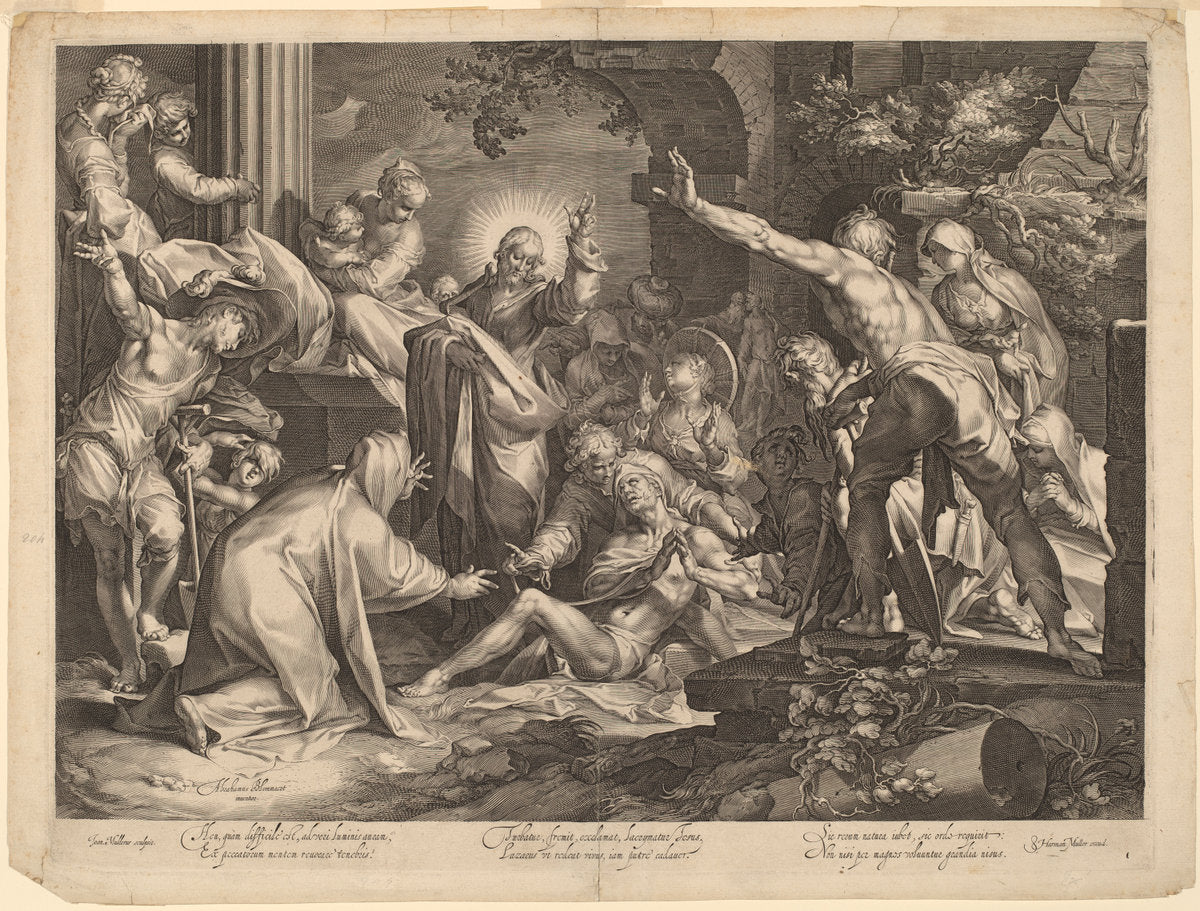 The Raising of Lazarus by Jan Muller, after Abraham Bloemaert (Dutch, 1571 - 1628), 16X12"(A3)Poster Print