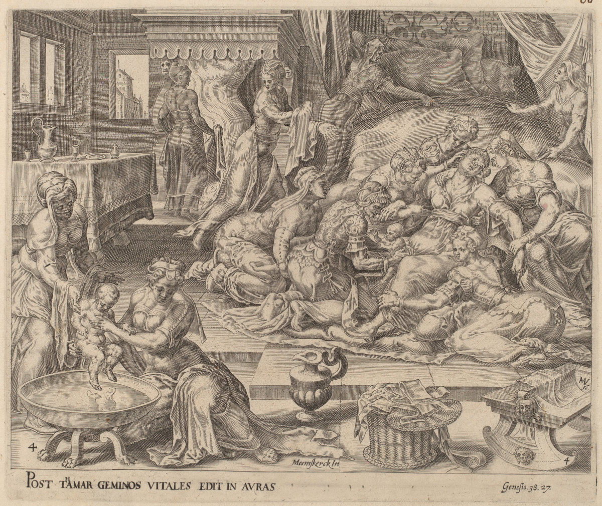 Birth of Pharez and Zara by Herman Jansz Muller after Maerten van Heemskerck (Netherlandish, c. 1540 - 1617), 16X12"(A3)Poster Print
