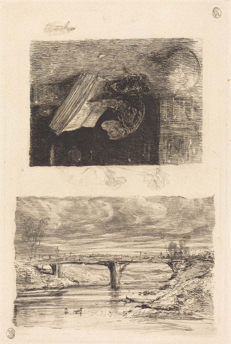 River Landscape with a Bridge; Monkey Paging through a Book by Alexandre-Gabriel Decamps (French, 1803 - 1860), 16X12"(A3)Poster Print