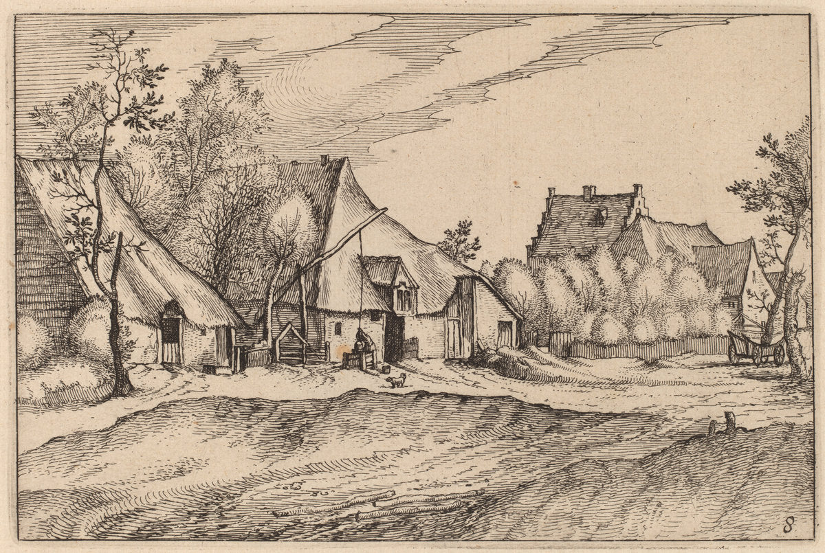 Farms in a Village by Claes Jansz Visscher after Johannes van Doetechum, the Elder after Lucas van Doetechum after Master of the Small Landscapes (Dutch, 1586/1587 - 1652), 16X12"(A3)Poster Print